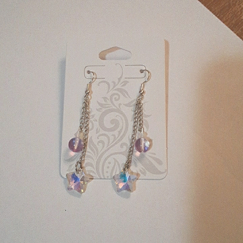 Star chain link Earrings Crystal & Glass beaded. Silver. Kyork Jewelry